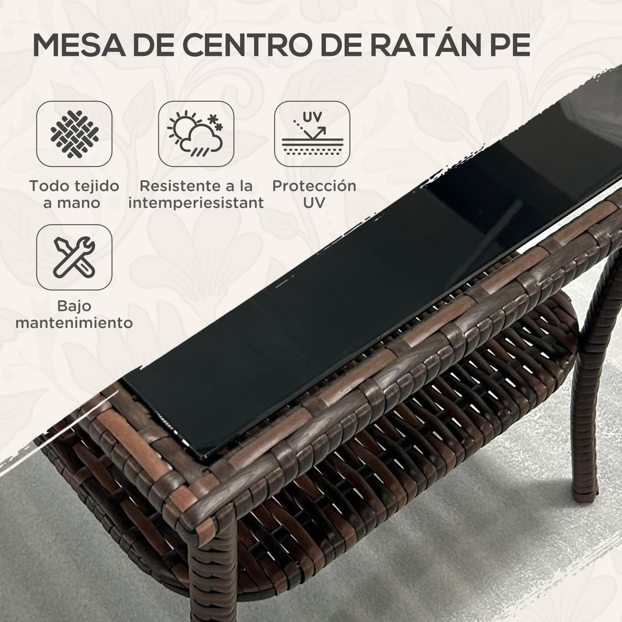 Mesa de Ratán Cuadrada 50x50x45 cm Mesa de Jardín con Estante Tablero de Vidrio y Marco de Acero Carga 30 kg para Terraza Patio Marrón
