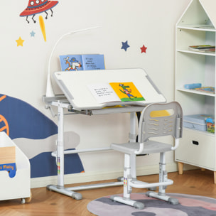 Juego de Escritorio y Silla para Niños de +6 Años Pupitre Infantil con Altura Ajustable Mesa Inclinable Cajón Lámpara LED y Portalápices 80x49,5x82-104 cm y 35,5x43,5x63-73 cm Gris