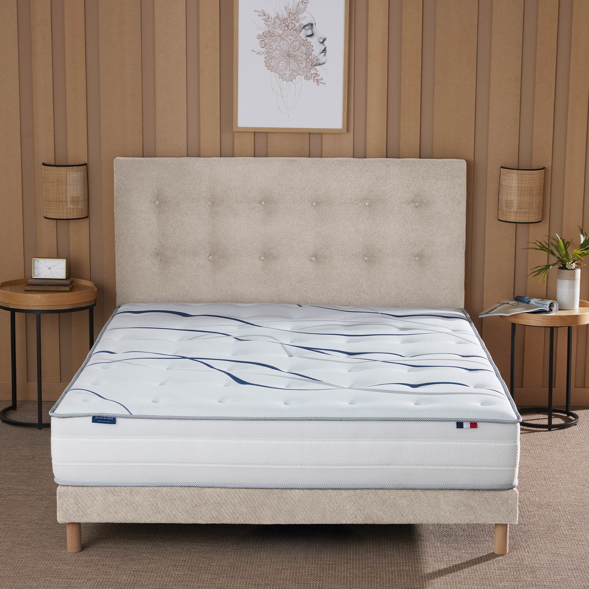 Ensemble matelas mousse HD SERENA + sommier + tête de lit, chenille bouclettes Crème