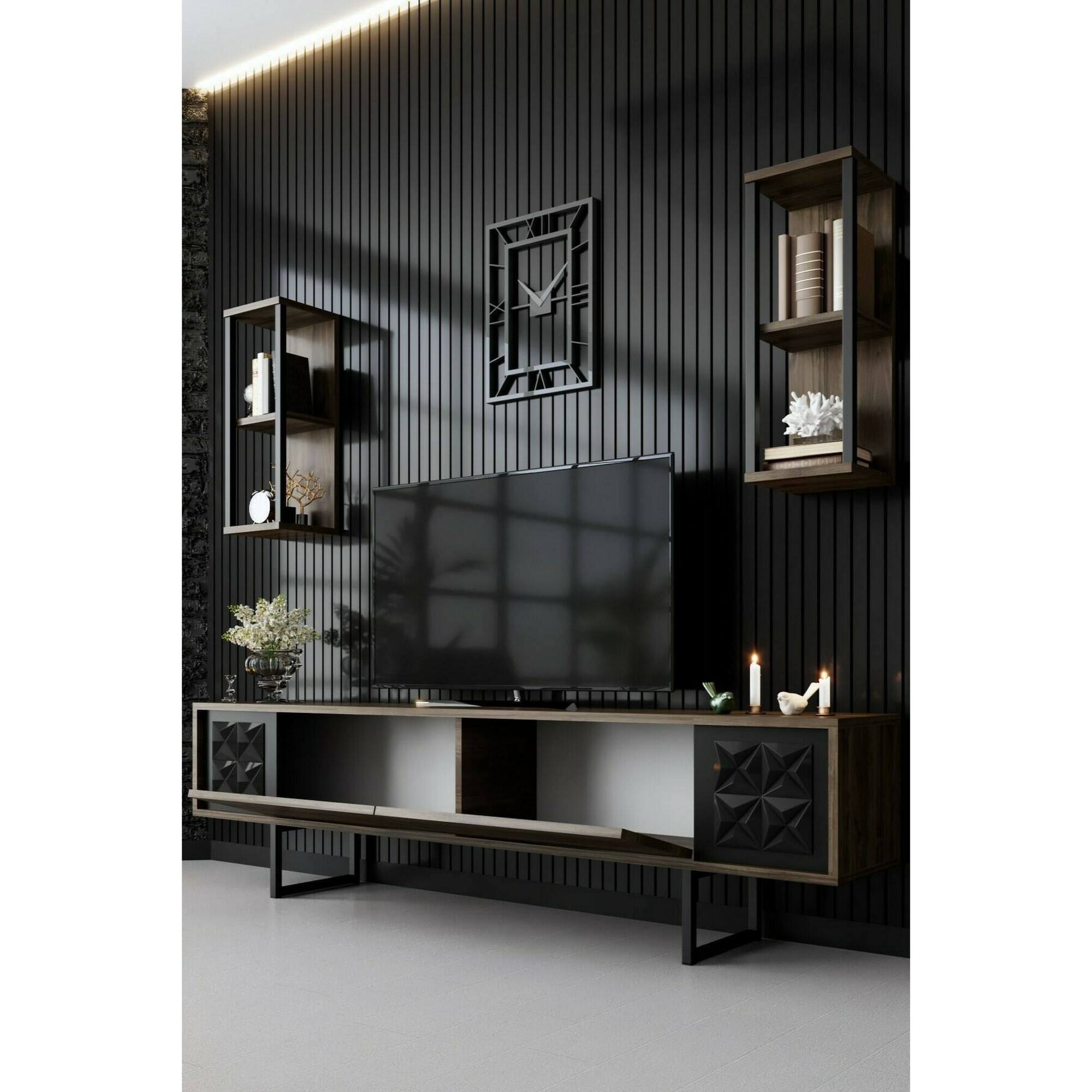 Mobile porta TV Dmiggian, Credenza da soggiorno, Armadio basso per TV, Base parete attrezzata, 180x30h48 cm, Noce e Nero