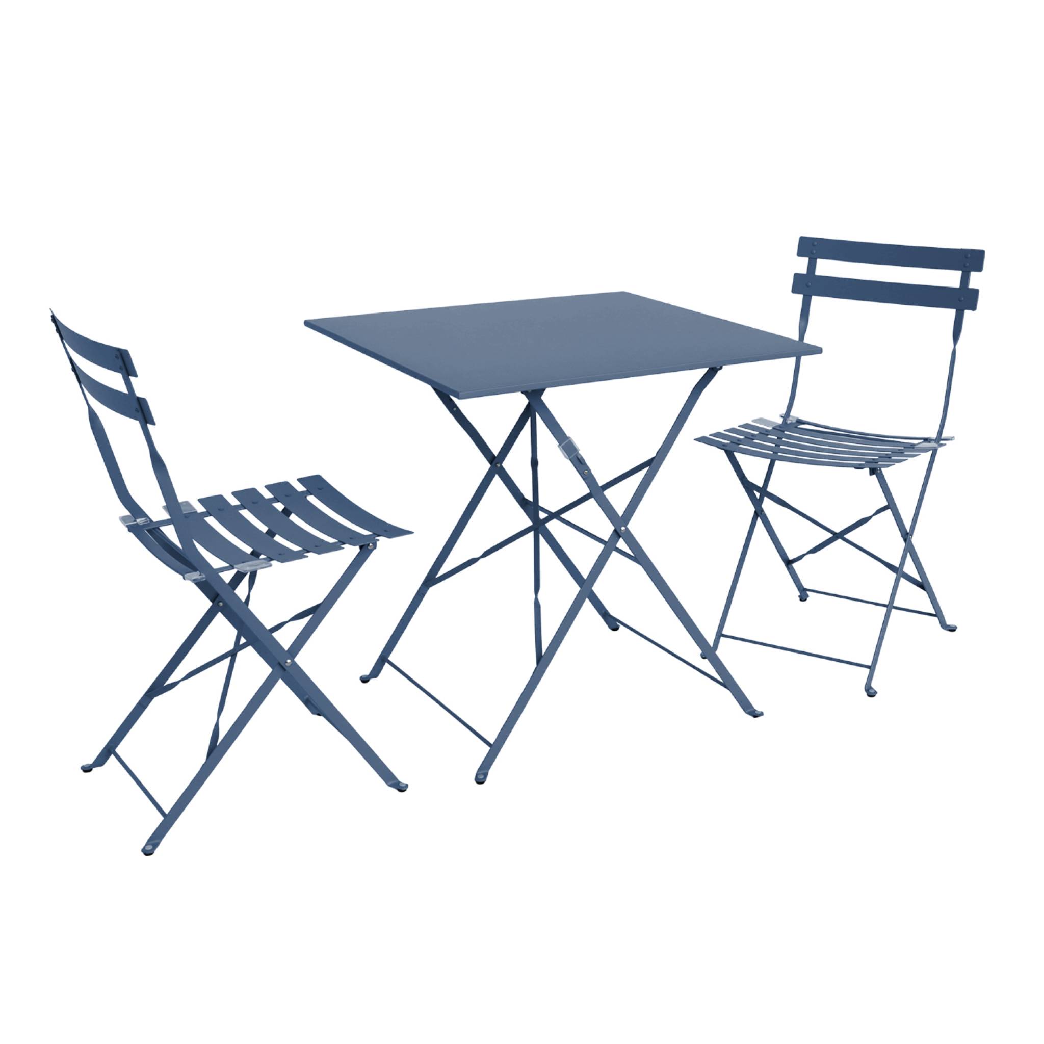 Table de jardin bistrot pliante métal + 2 assises bleu grisé 70 x 70cm. acier thermolaqué