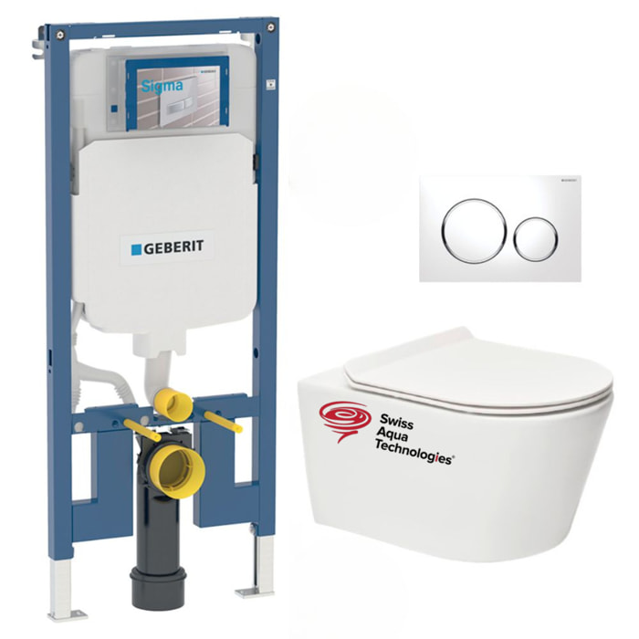 Pack WC sans bride Brevis, fixations invisibles + Abattant slim softclose + Bâti Geberit Extra-plat UP720 + Plaque blanc/chromé