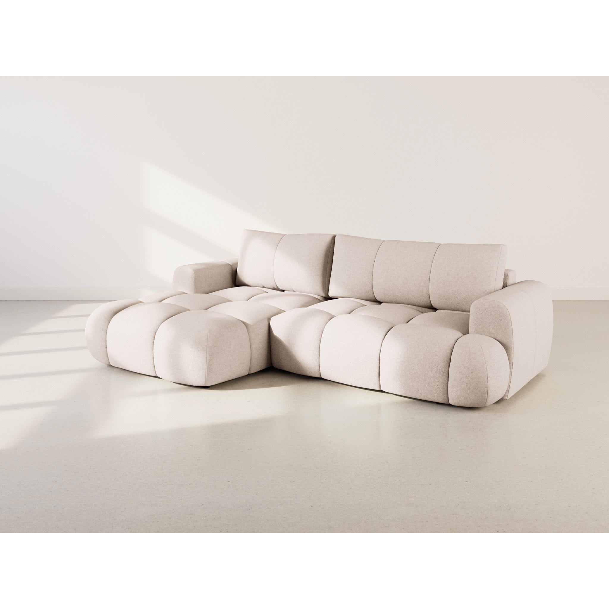 Yulin - Canapé d'angle gauche 4 places convertible avec coffre en tissu bouclette - Beige