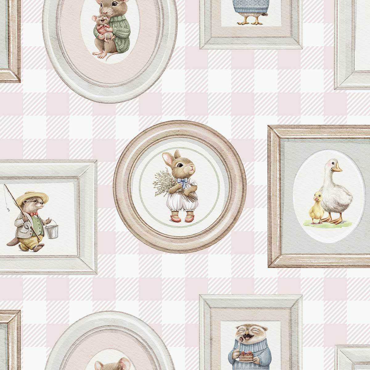 Papier peint portraits animaux vichy rose enfant