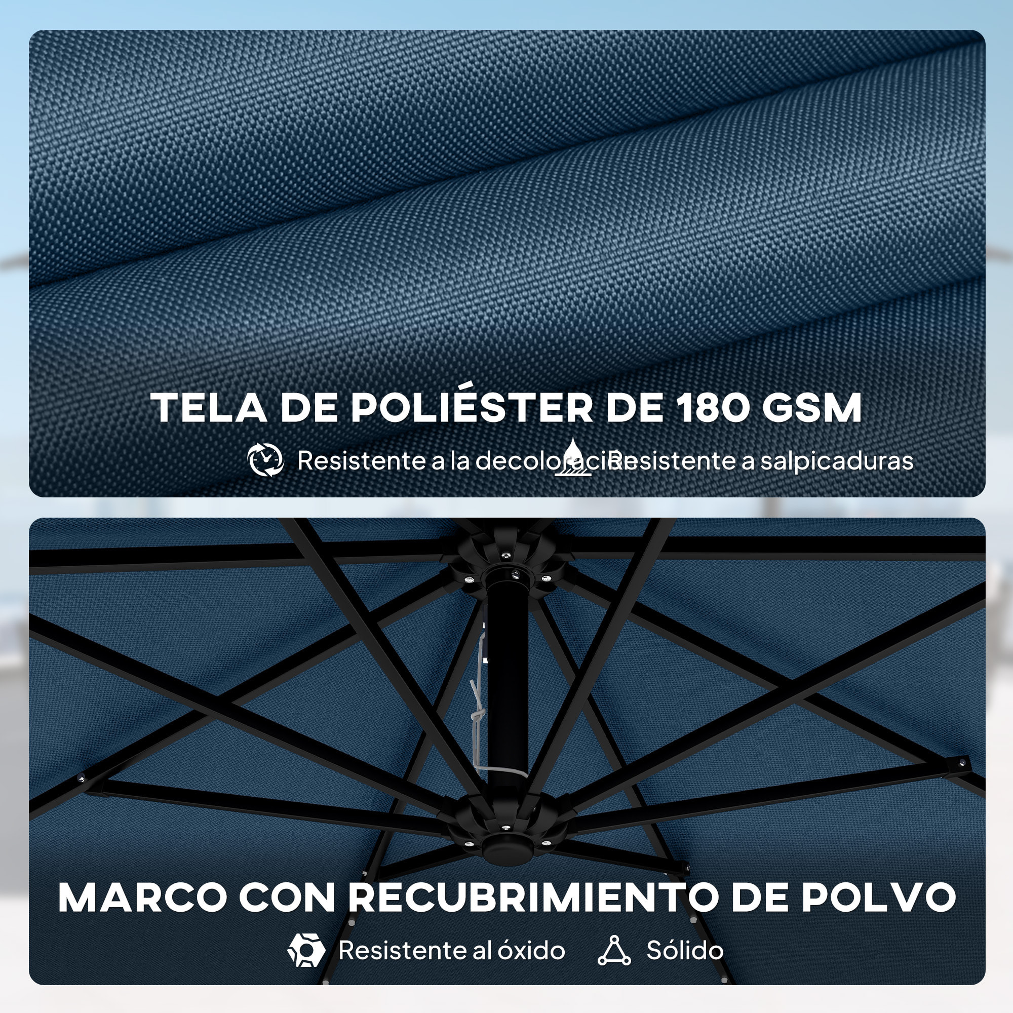 Parasol Excéntrico con Luces LED Solares, Ø345 cm, Sombrilla de Jardín de Aluminio con Base Cruzada, Manivela, Funda Protectora, Cuerdas de Viento, UPF50+, para Terraza, Patio, Azul Marino