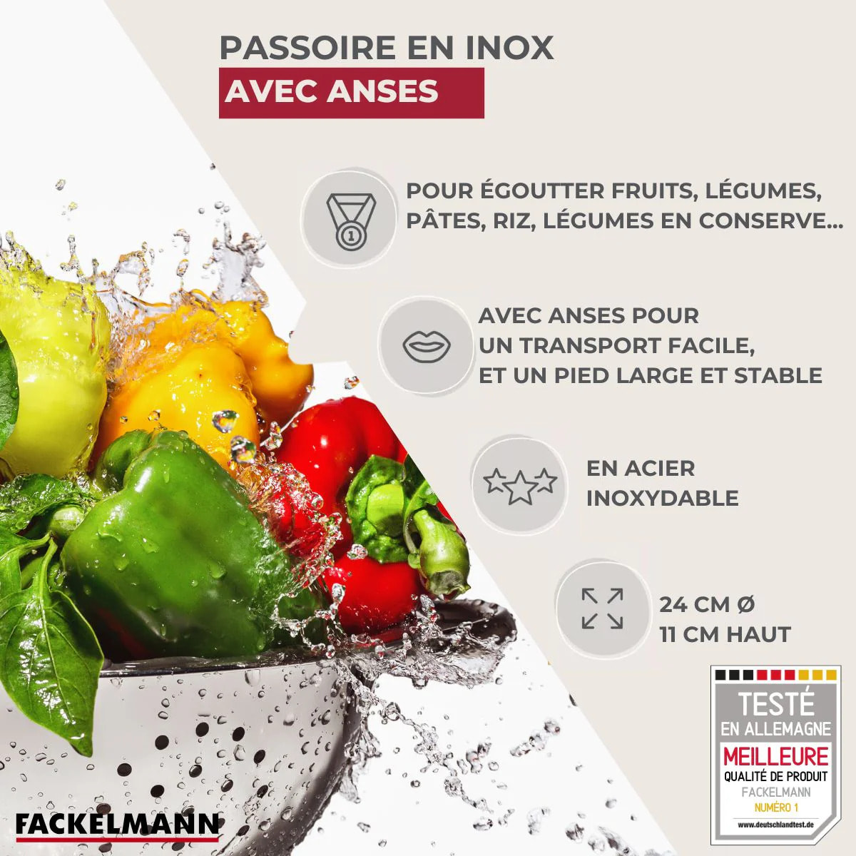 Passoire inox 24 cm avec anses Fackelmann