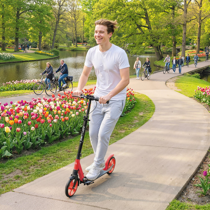 Patinete Plegable para Adultos y Niños de +14 Años Scooter Ligero con Manillar Ajustable Grandes Ruedas Ø200 mm Amortiguador y Freno Aluminio Carga 100 kg 91,5x36,5x91-104 cm Rojo