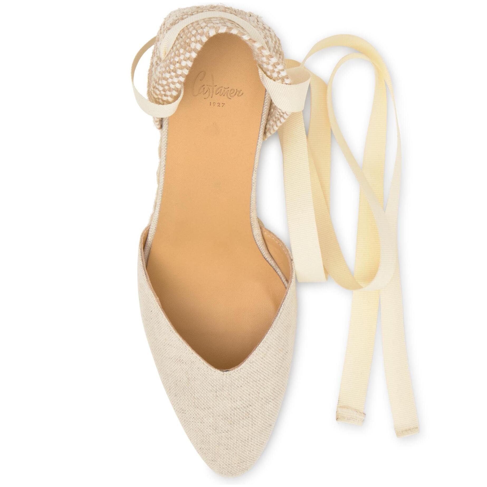 Alpargata Jud cuña de yute geométrica en lino con lazo, escote en V y punta afilada