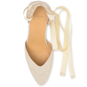 Alpargata Jud cuña de yute geométrica en lino con lazo, escote en V y punta afilada