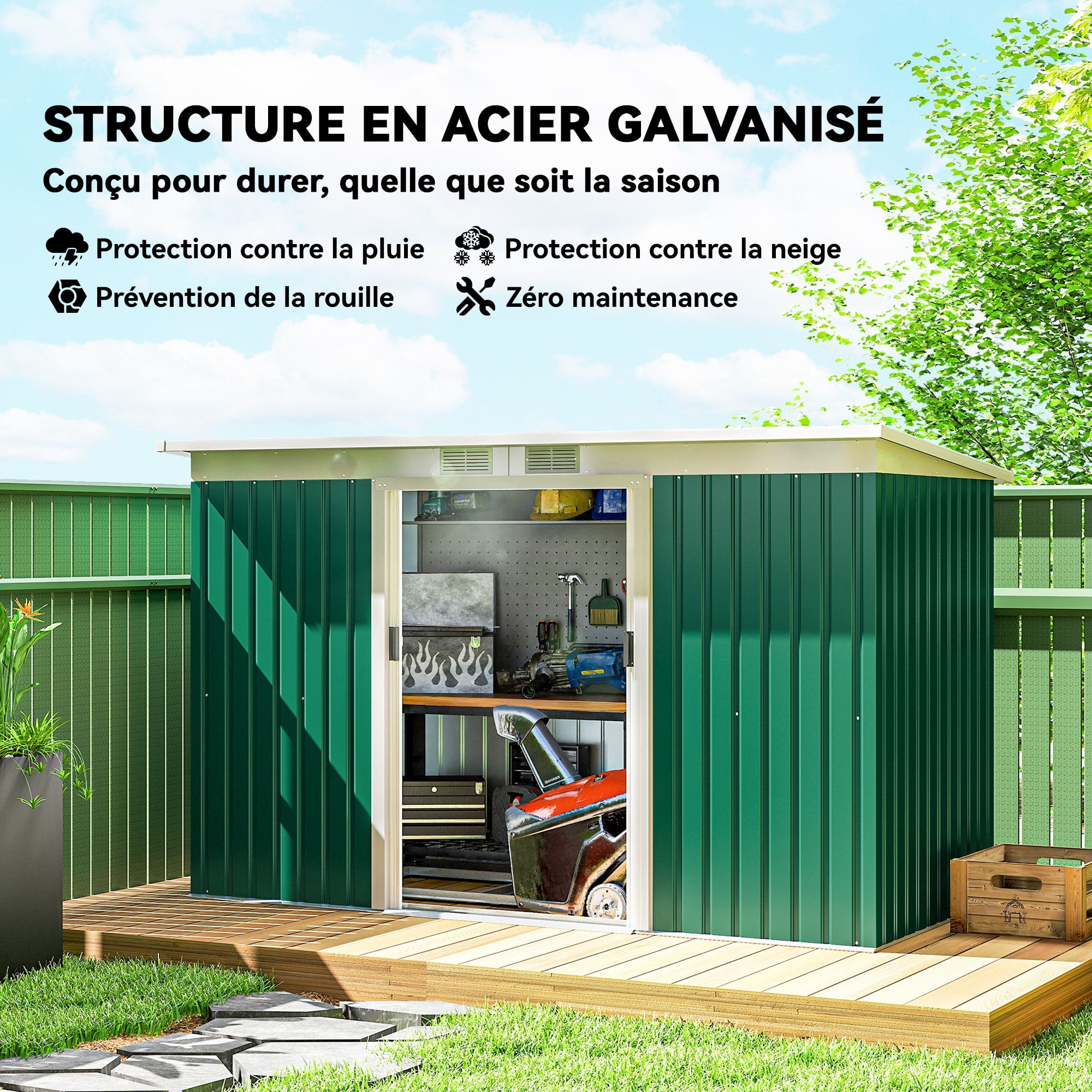 Abri de jardin - remise pour outils - cabanon portes verrouillables - dim. 2,8L x 1,3l x 1,72H m - tôle d'acier vert blanc