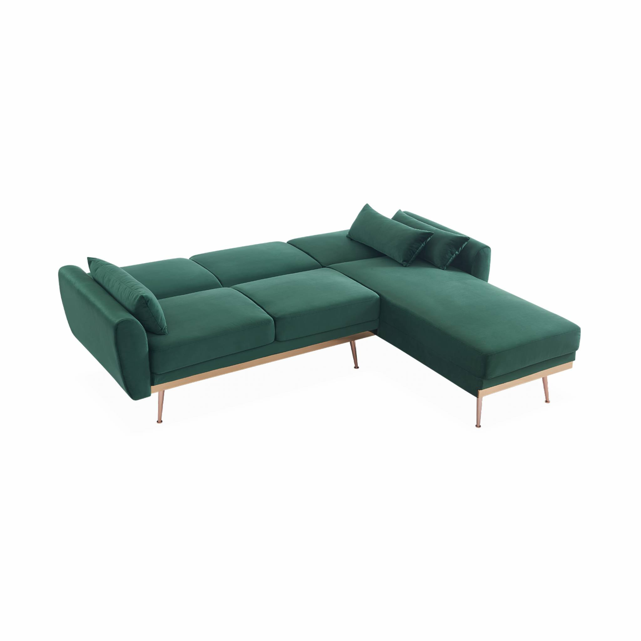 Canapé d'angle convertible. réversible 3 places. velours vert anglais. pieds fins or rose