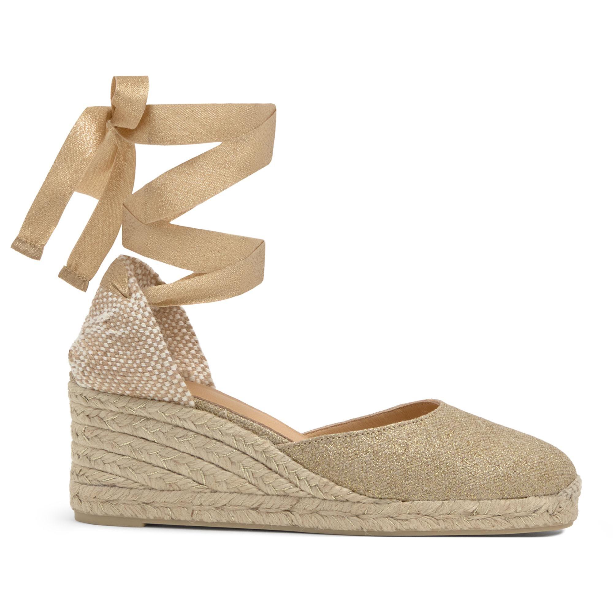 Alpargata de cuña Carina en lino metalizado con cierre de cintas