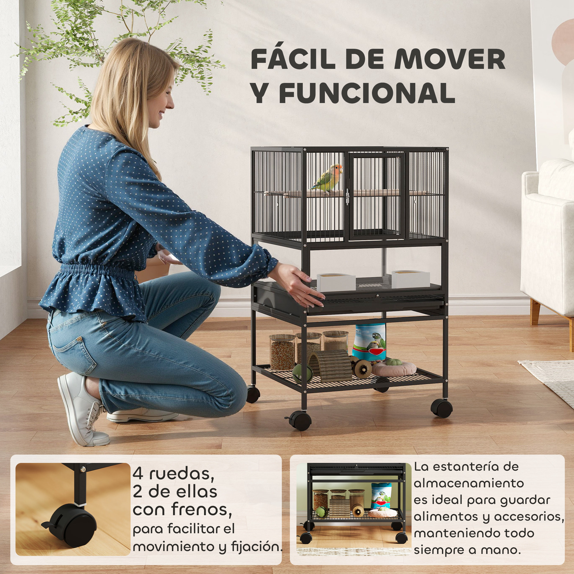 Jaula para Pájaros Jaula Grande con Ruedas Paneles Acrílicos Comederos Perchas Estante Bandejas Extraíbles Pajarera para Loros Canarios 48x46x83 cm Negro