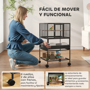 Jaula para Pájaros Jaula Grande con Ruedas Paneles Acrílicos Comederos Perchas Estante Bandejas Extraíbles Pajarera para Loros Canarios 48x46x83 cm Negro