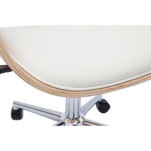 Chaise de bureau à roulettes design blanc, bois clair et acier chromé HANSEN
