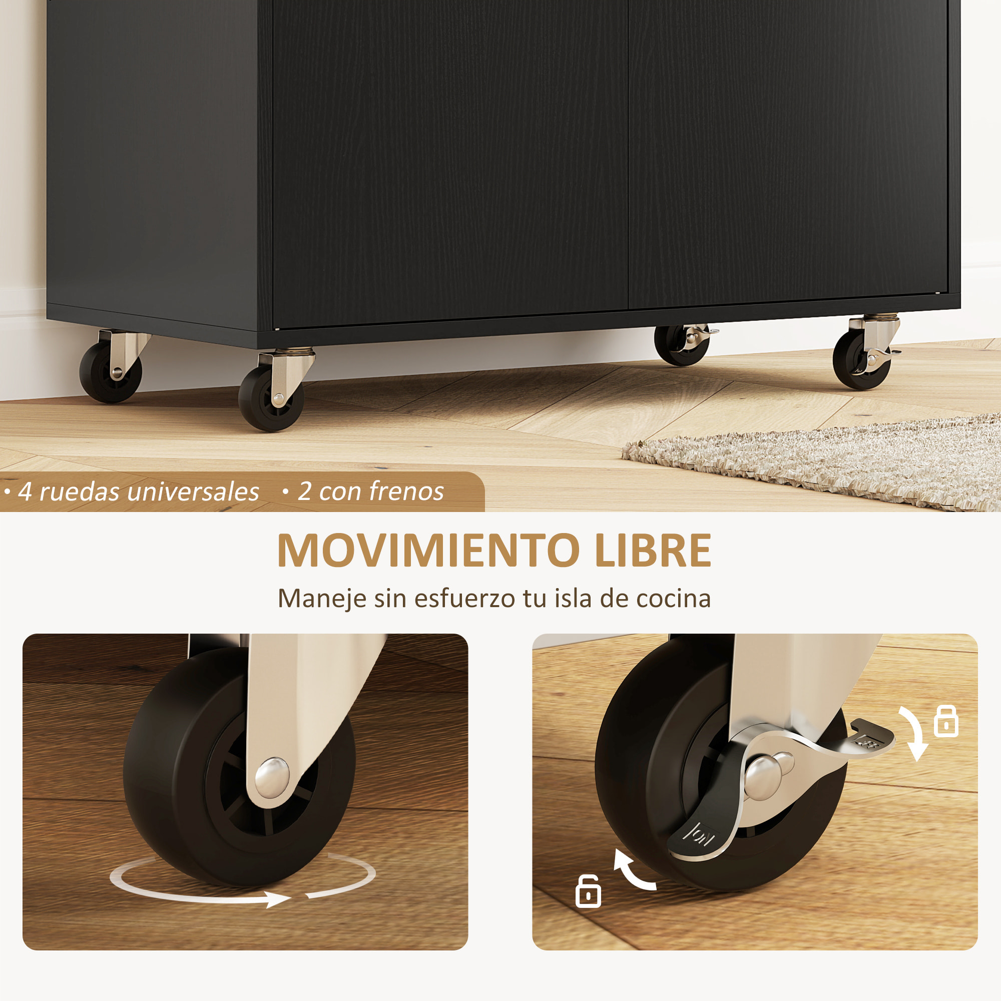Isla de Cocina con Ala Abatible Carrito de Cocina Mueble Auxiliar de Cocina con Ruedas 2 Puertas Cajón Especiero Toallero y Estante Ajustable 106x42x87 cm Negro y Roble