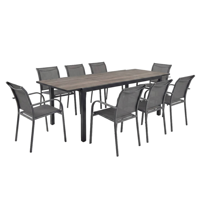 Table de jardin extensible aluminium effet bois + 8 assises NASHVILLE 240 + AMARA