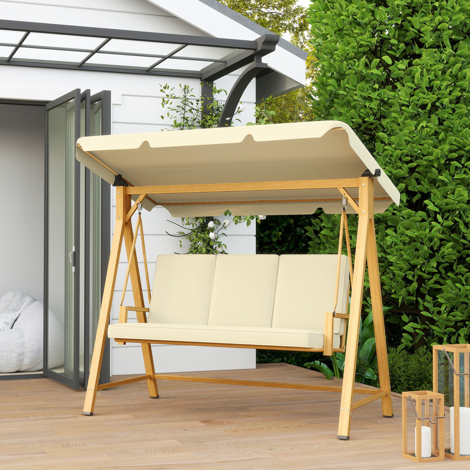 Balancín de Jardín Exterior con Toldo Ajustable de 3 Plazas Columpio de Jardín Exterior con Cojines y Estructura con Veta de Madera Carga 330 kg 195x120x170 cm Beige