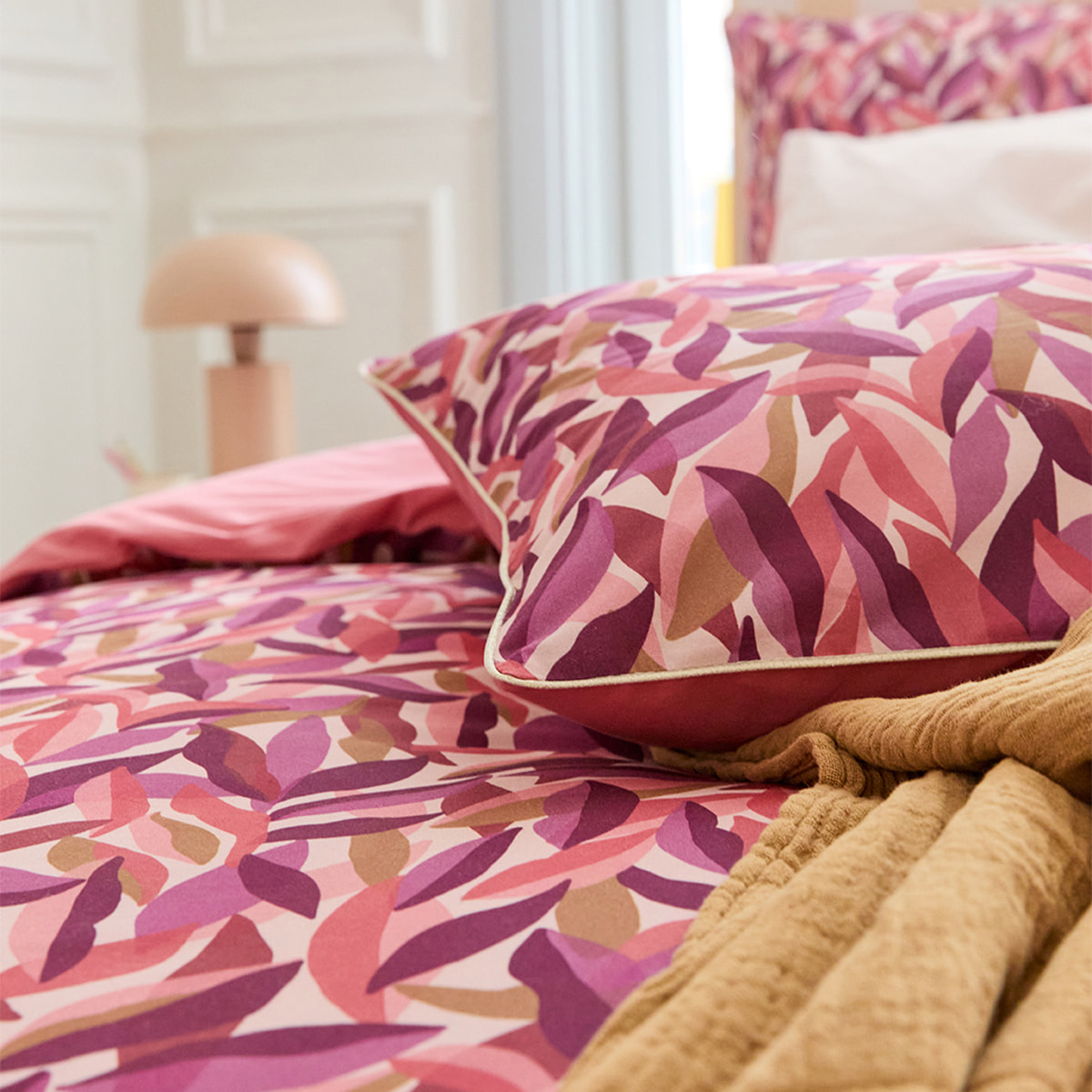 Parure de lit Housse de couette + Taie carrée en percale de coton, LEAVES, Rose foncé