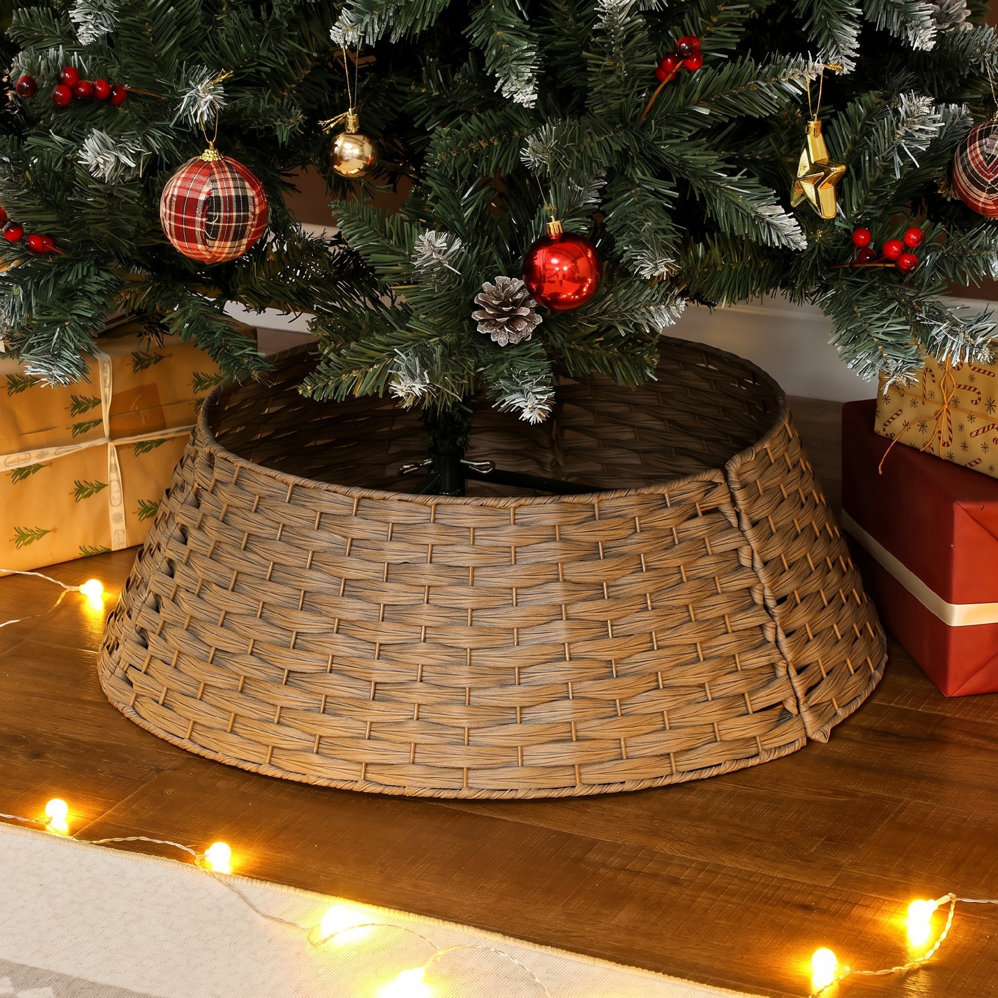 Falda para Árbol de Navidad Rústico, Diseño Tejido, Cubre Pie para Árbol de Navidad Desmontable para Fiestas, Decoración Navideña, Ø68x22 cm, Café