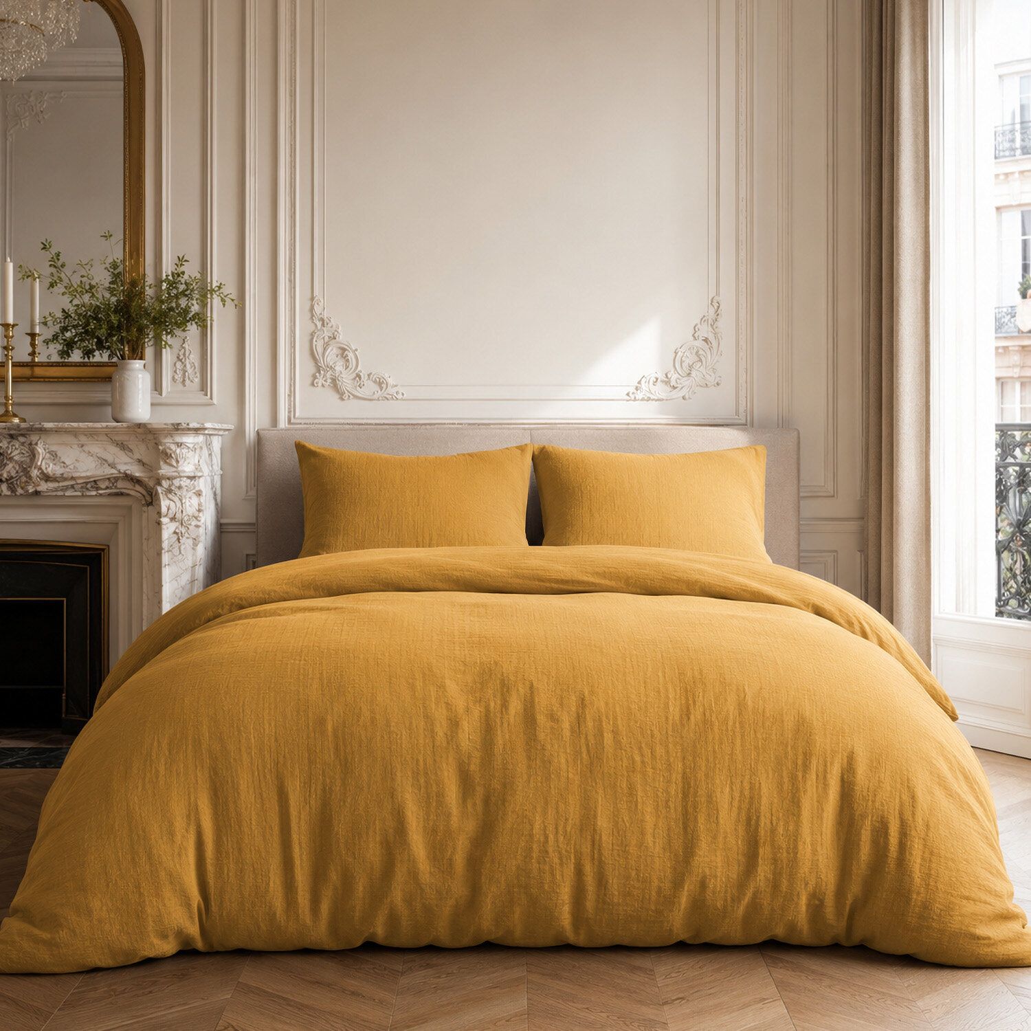 Parure housse de couette 100% gaze de coton unie ocre, RELAX