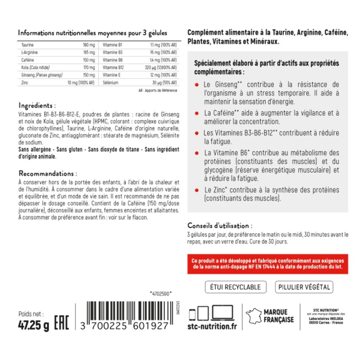STC NUTRITION - Taurine Synergy + - Booste le tonus physique et mental - Augmente la résistance et l'endurance - 90 gélules végétales