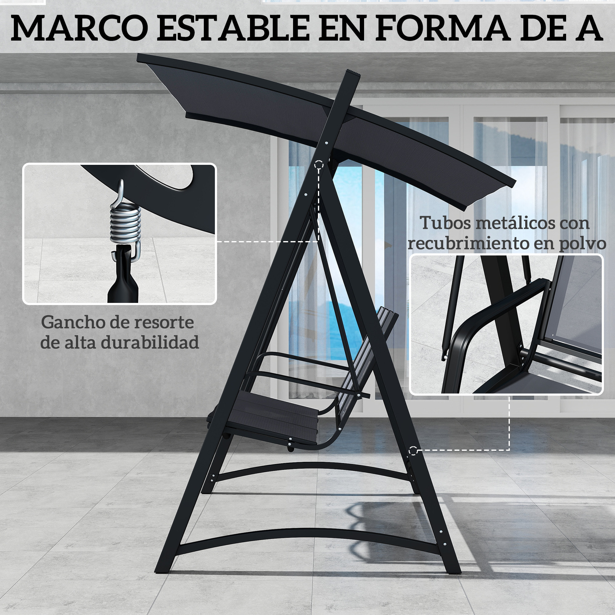 Columpio de Jardín de 3 Plazas, Balancín de Jardín Exterior con Techo Ajustable, UPF50+, Asiento Transpirable y Marco de Metal, para Patio, Terraza, Carga 360 kg, 188x130x183 cm, Gris