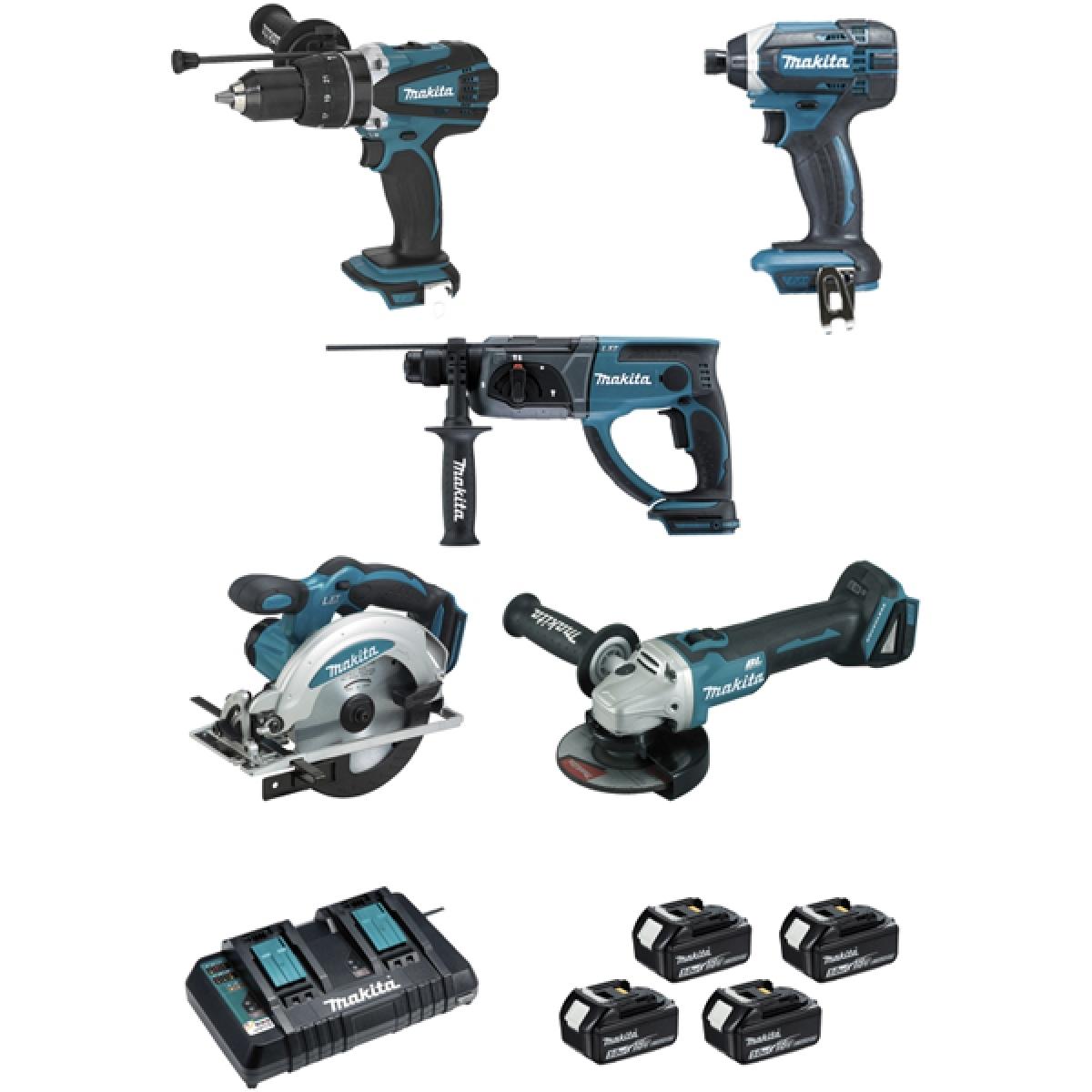 Ensemble de 5 machines MAKITA 18V Li-Ion 5.0 Ah - Perfo-burineur + Visseuse + Perceuse à percussion + Meuleuse + Scie circulaire - DLX5039PTJ