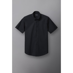Camicia Uomo 1 Bottone Button Down Manica Corta Slim Popeline Stretch Unito Nero