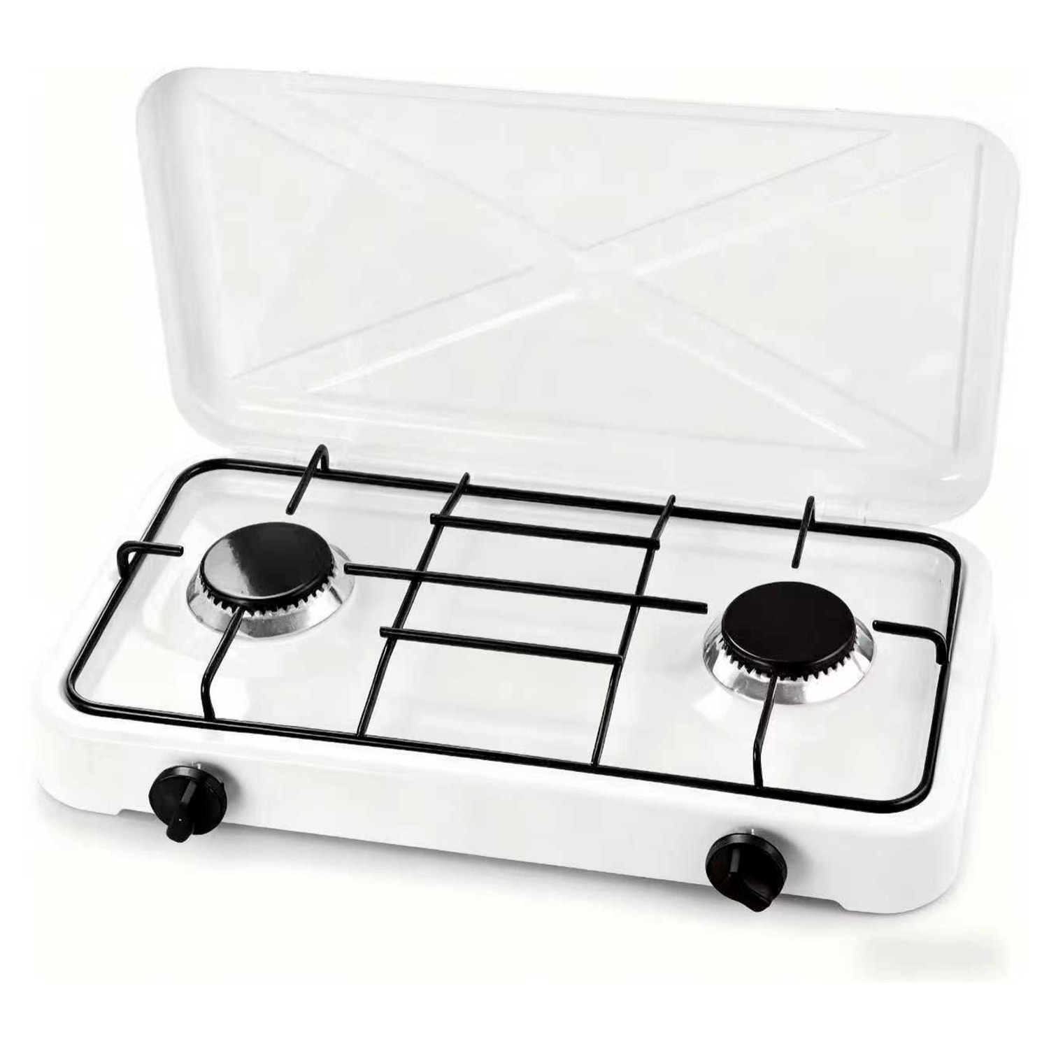 Fornello A Gas Portatile 2 Fuochi con Coperchio Piano Cottura Campeggio GPL Gas Naturale Fornello da Camping In Acciaio Con Griglie Bianco