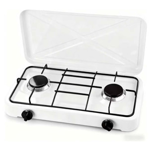 Fornello A Gas Portatile 2 Fuochi con Coperchio Piano Cottura Campeggio GPL Gas Naturale Fornello da Camping In Acciaio Con Griglie Bianco