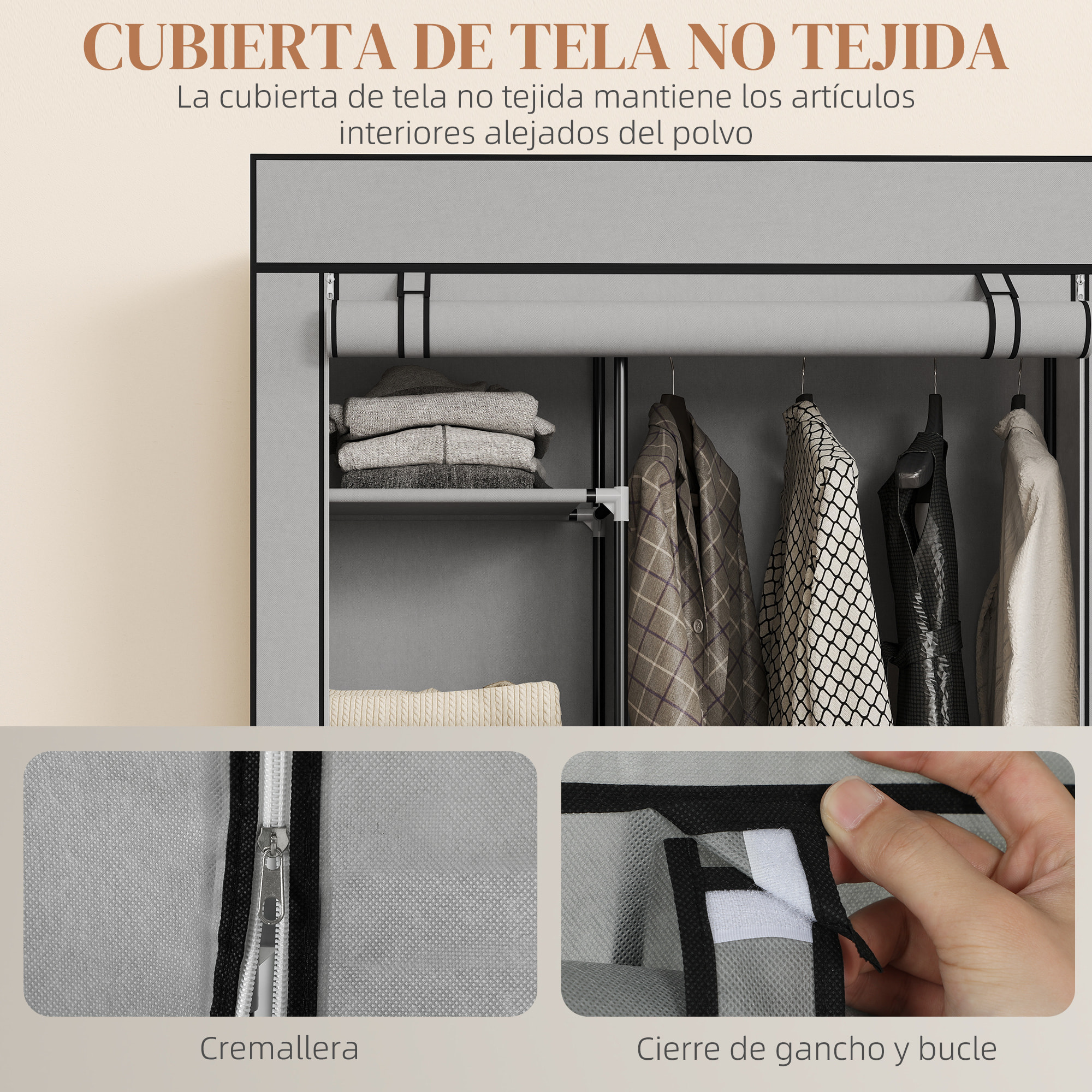 Armario de Tela con Ruedas, Armario Portátil, con Barra para Colgar, 6 Estantes, Marco de Acero, para Dormitorio, Vestidor, 103x43x162,5 cm, Gris Claro