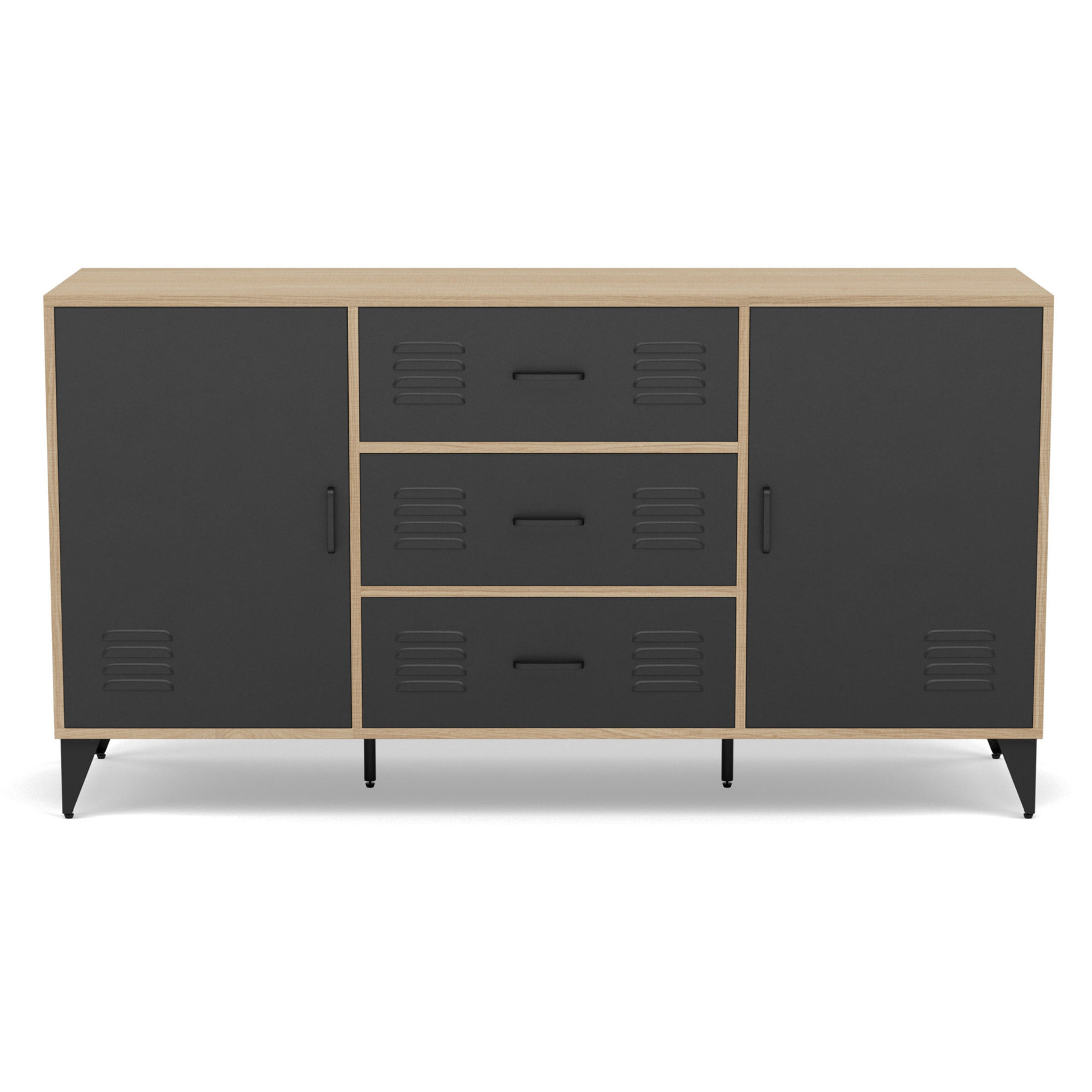 Tribeca - buffet bas - effet bois et métal noir - 3 tiroirs et 2 portes - 140 cm - Bois / Noir