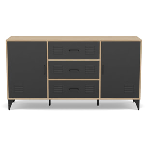 Tribeca - buffet bas - effet bois et métal noir - 3 tiroirs et 2 portes - 140 cm - Bois / Noir