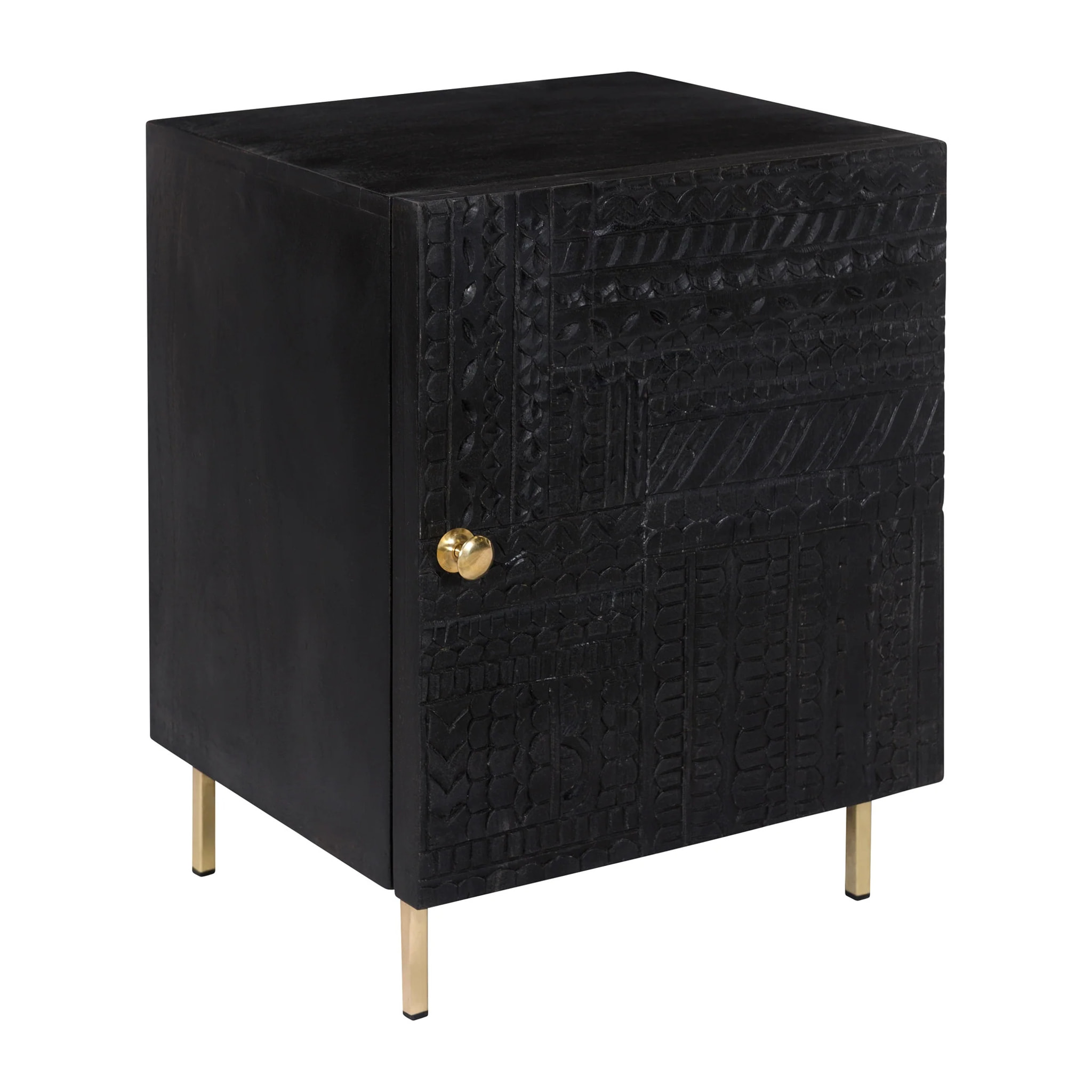 Chevet 1 porte en bois gravé noir et métal doré - Chimane