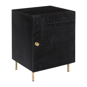 Chevet 1 porte en bois gravé noir et métal doré - Chimane
