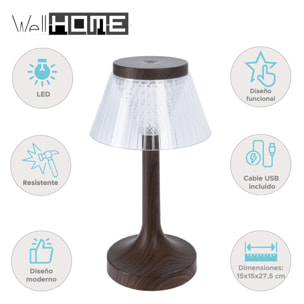 Well Home Lámpara de Mesa LED con efecto madera Recargable Ø15x27,5cm