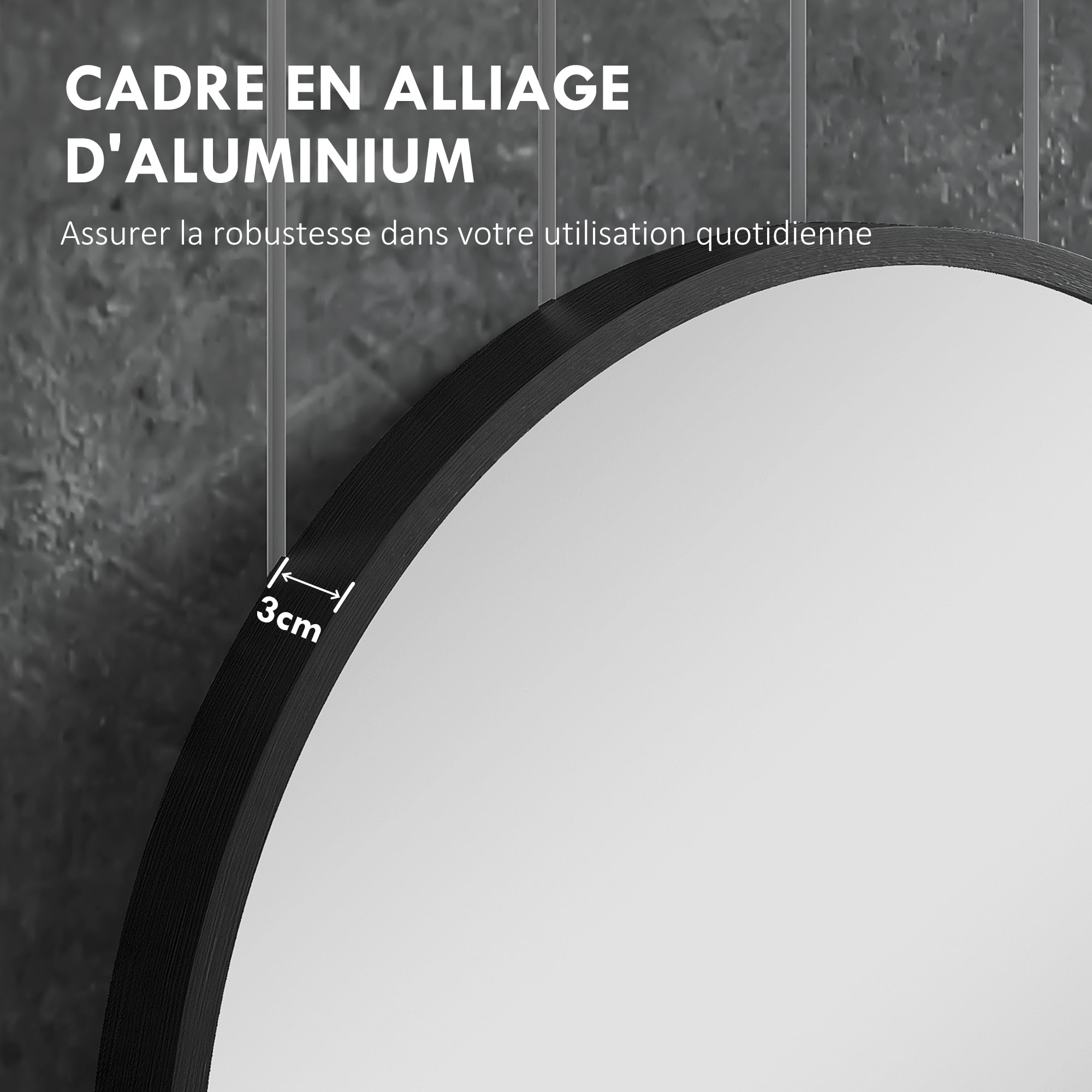 Miroir mural ovale dim. 60L x 90H cm cadre arrondi montage vertical/horizontal alu. noir