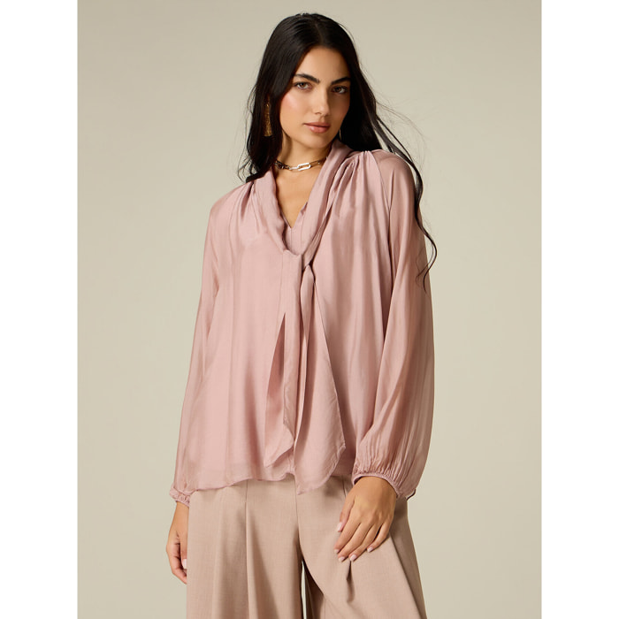 Oltre - Blusa in voile misto seta con fiocco - Rosa