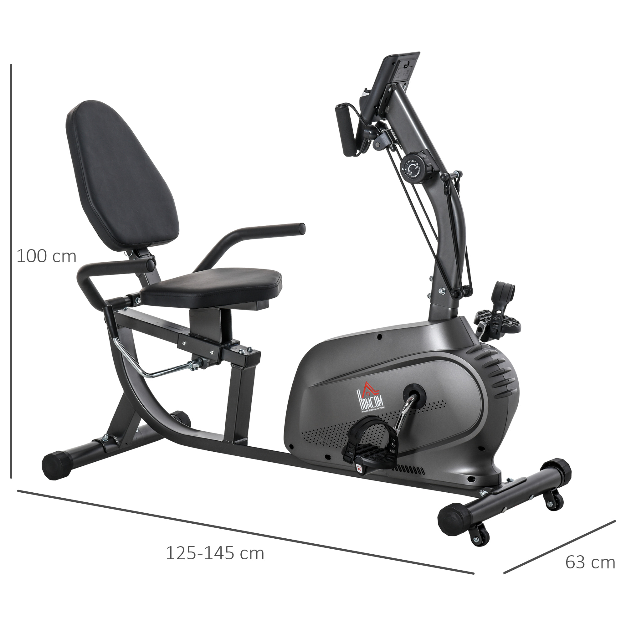 Vélo d'appartement semi-allongé magnétique écran LCD multifonction selle réglable 2 bandes résistance acier noir