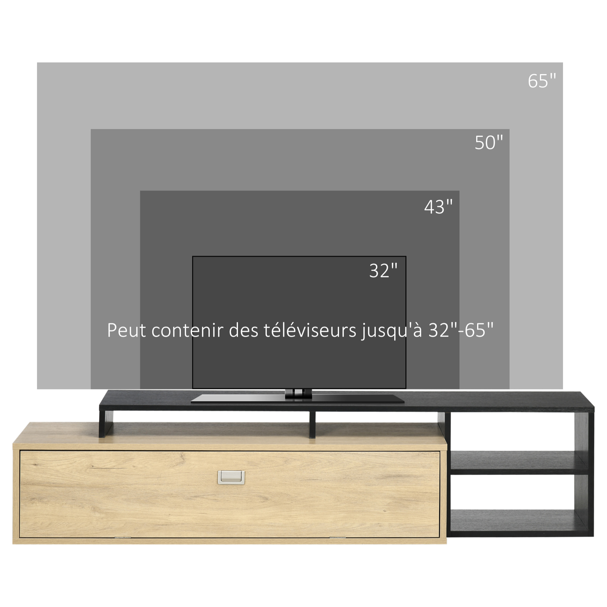 Meuble TV réversible design contemporain porte abattante 2 compartiments 4 niches MDF aspect chêne clair noir