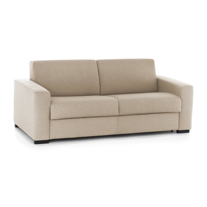 Divano Letto Alena, Divano a 2 posti, 100% Made in Italy, Sofà Soggiorno con apertura girevole, in tessuto imbottito, con Braccioli slim, Cm 160x95h90, Beige