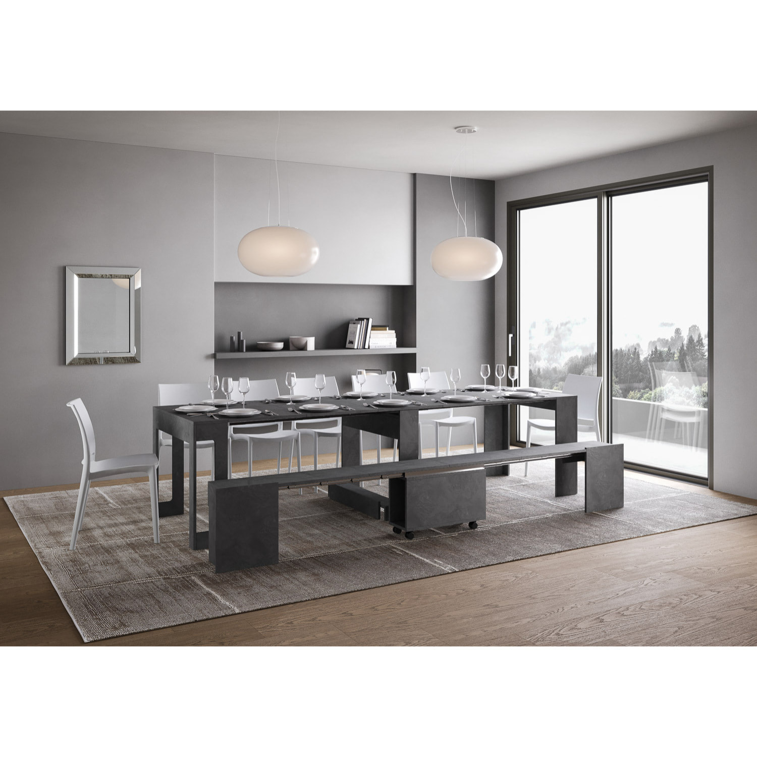 Consolle allungabile 90x42/302 cm Evolve Antracite Spatolato allunghe interne con panca inferiore