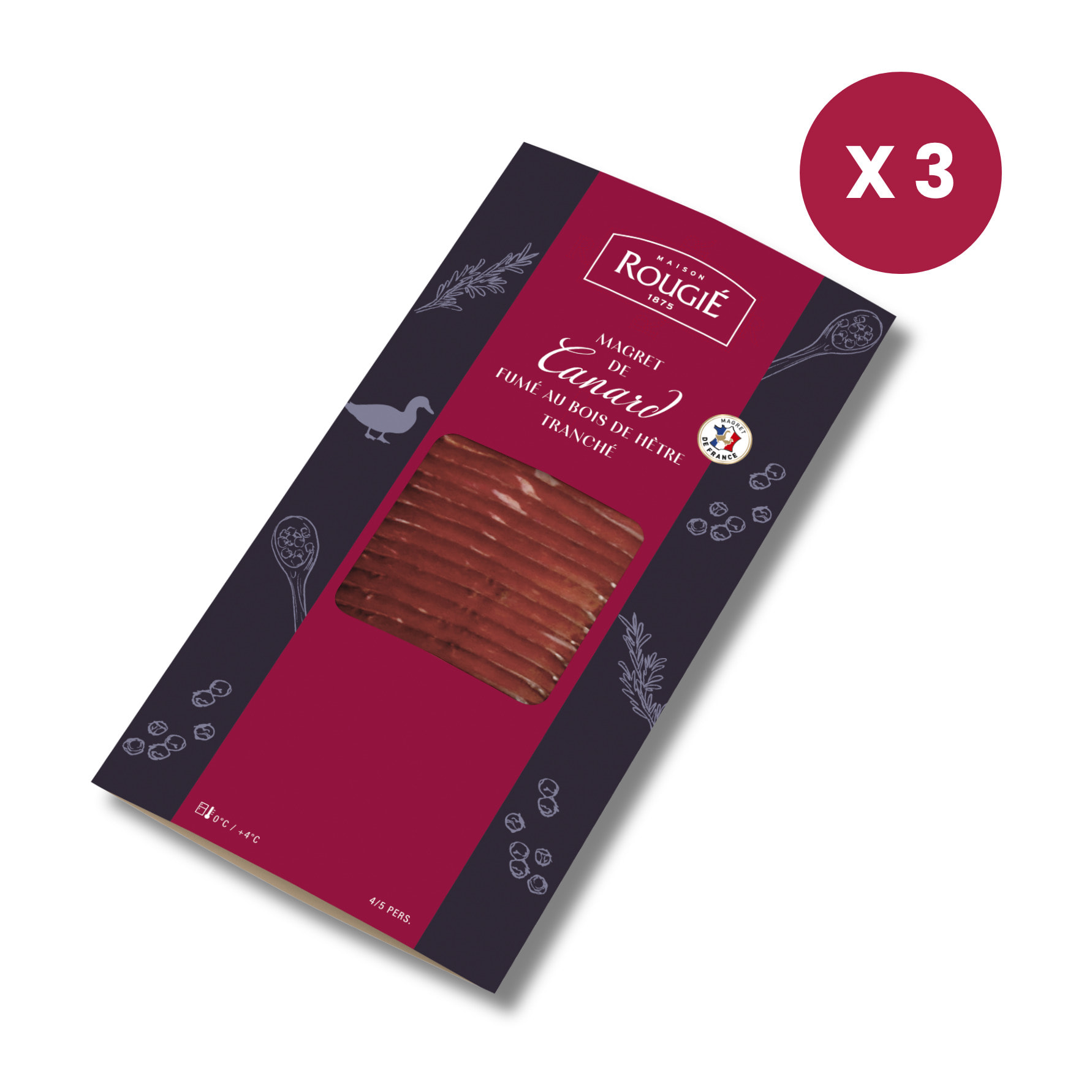 Lot de 3 - Magret de canard tranché fumé au bois de hêtre - 3x90g