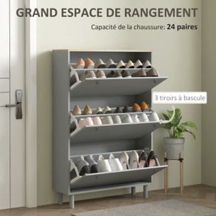 Meuble à chaussures sur pieds 3 portes étagères réglables dim. 80x23,5x121cm gris effet bois