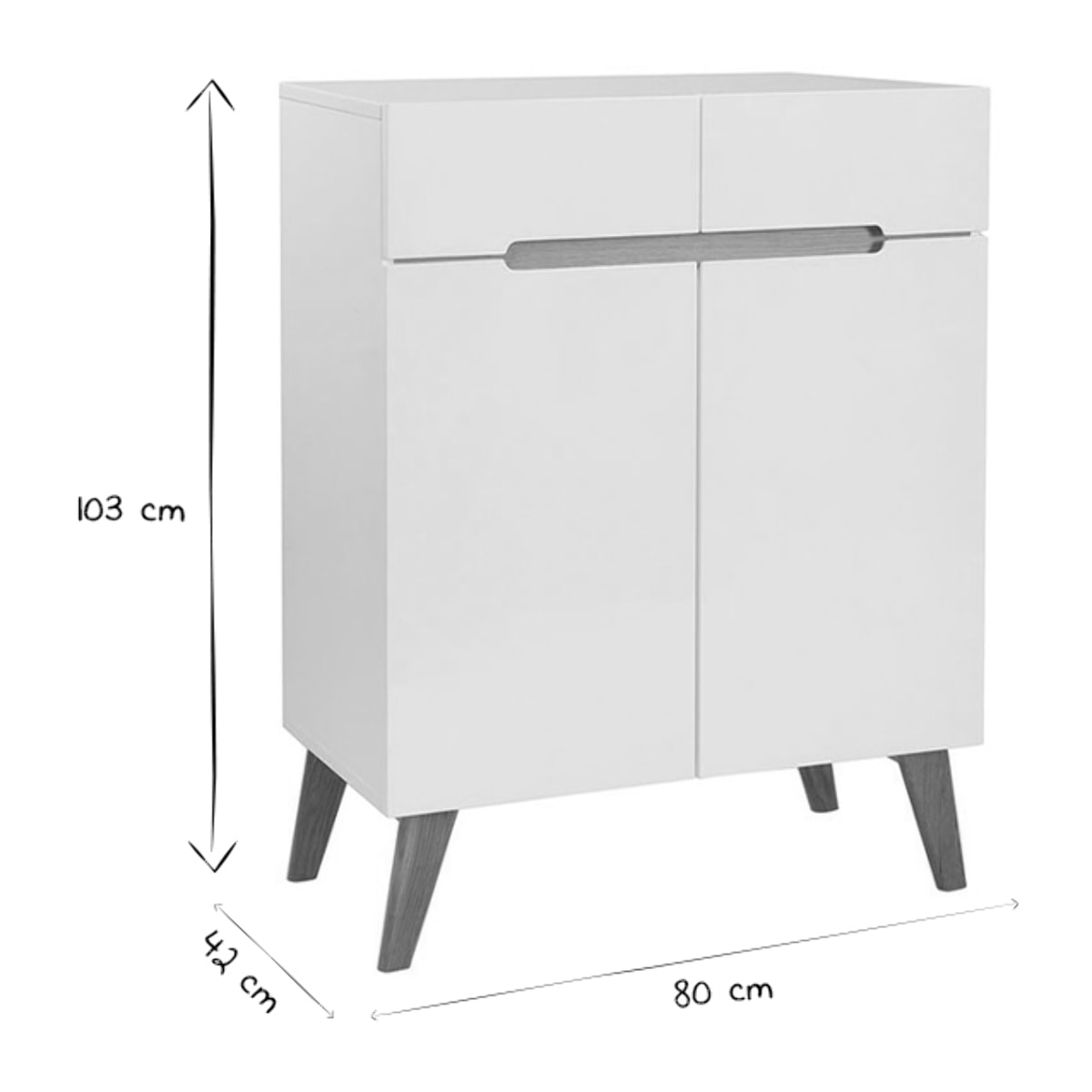 Buffet scandinave blanc laqué brillant et finition bois clair 2 portes 2 tiroirs L80 cm MELKA