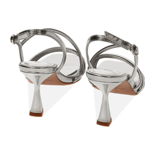 Sandali argento laminato, tacco 7,5 cm