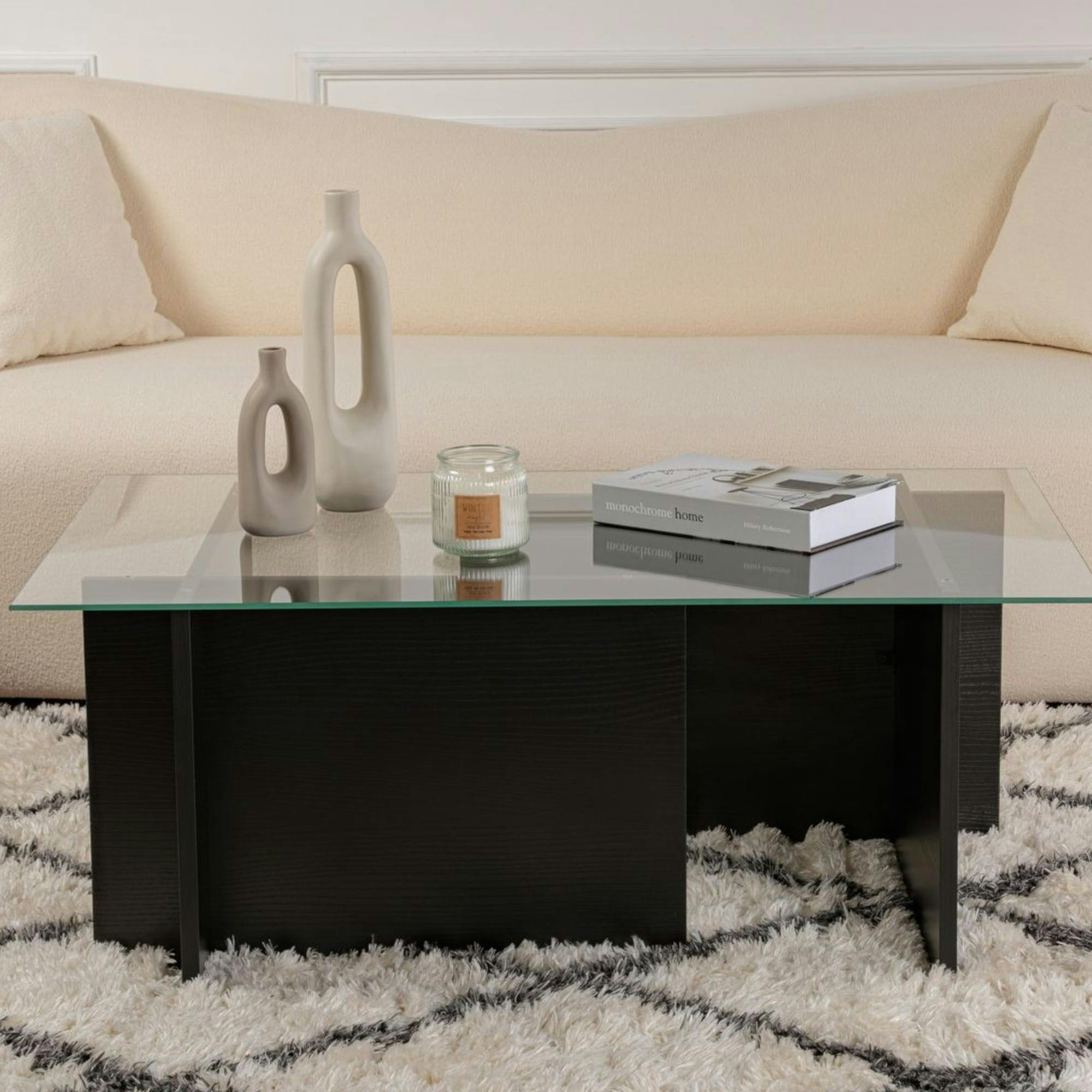 Table basse verre déstructurée – effet bois noir, H. 40 cm SALTA