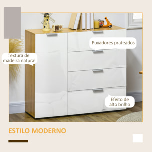 Aparador de Salón Cajonera y Cómoda con 4 Cajones de de Alto Brillo Puerta y Estantes Ajustables para Comedor Dormitorio 105x35x92 cm Blanco y Natural