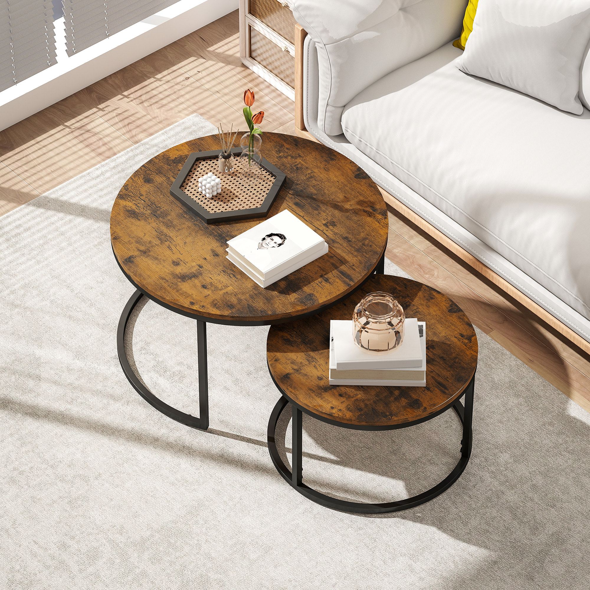 Lot de 2 tables basses rondes gigogne empilables piètement acier noir plateau aspect bois vieilli